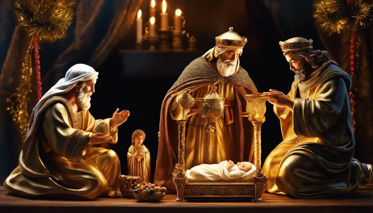 the three symbolic gifts presented by the Three Wise Men to baby Jesus, namely gold, frankincense, and myrrh